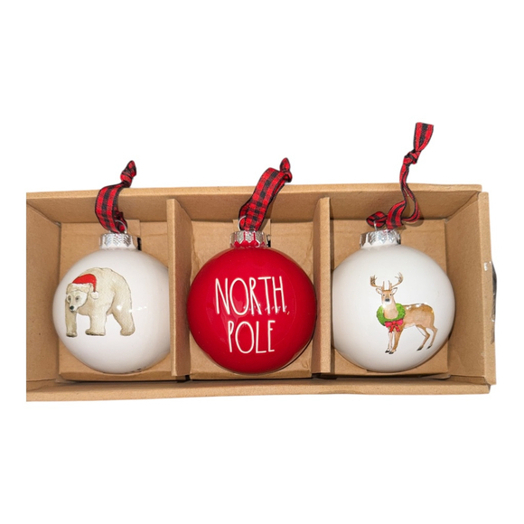 Rae Dunn Christmas Ornaments, Set of 3, North Pole Polar Bear Reindeer Design, - Picture 1 of 3